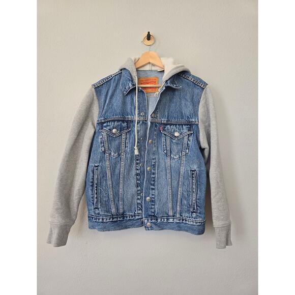 Levi’s Men’s Hybrid Hoodie Trucker Jacket Size S Blue Denim Streetwear Vibe Fall - Picture 4 of 11